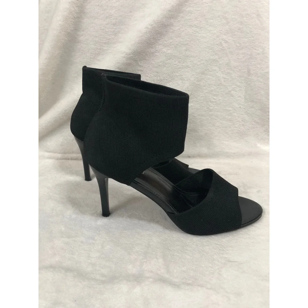 Newbella Stiletto Sandals Women 8 Black Knit Stretch Ankle Wrap Open Toe